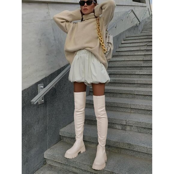 Women Beige Synthetic Lug Sole Comfortable Thigh High Over The Knee High Boot - Picture 3 of 8